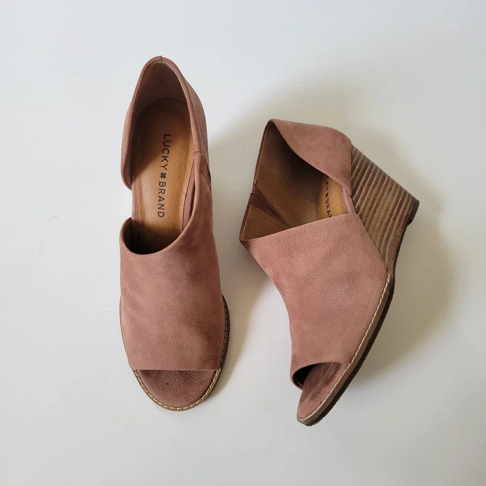Lucky Brand Jaxy Mauve Leather D'Orsay Wedge Booties 8.5M Boho Chic Earthy